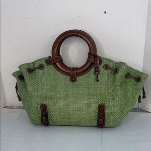 FOSSIL Green Woven Handbag with Wooden Handles